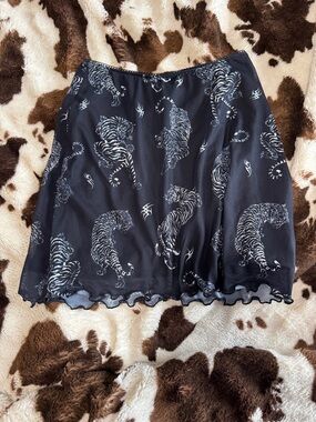 Divided Black A-Line Skirt with White Tiger Print